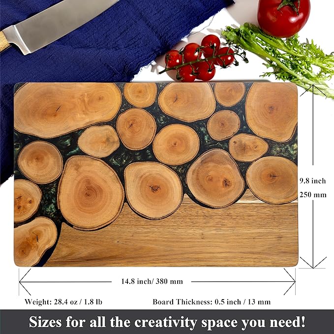 LILKUISYN Acacia Wood Cutting Board With Colorful Black Resin Galactic Cosmos & Wood Stumps Unquie Design for Kitchen Meal Prep Serving Tray Cheese & Charcuterie Board for Meat Vegetable Gift 15*10‘’