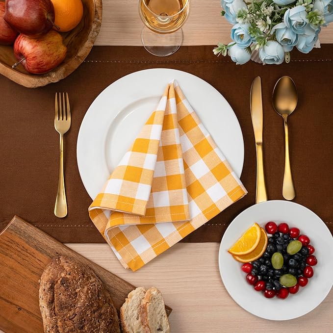 Blue Needles Gingham Buffalo Plaid Cloth Napkins 100% Cotton Set of 12 Dinner Table Napkins 18x18 inch Soft, Reusable, Washable Ideal for Wedding Parties Everyday Use - Golden Yellow & White
