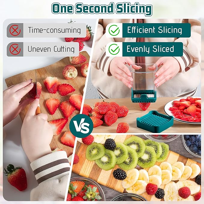 3-in-1 Strawberry Banana & Egg Slicer Cup | Detachable Fruit Cutter with Push Plate for Effortlessly Safe Slicing | Quick Meal Prep & Snacks Kitchen Gadget (Blackish green)