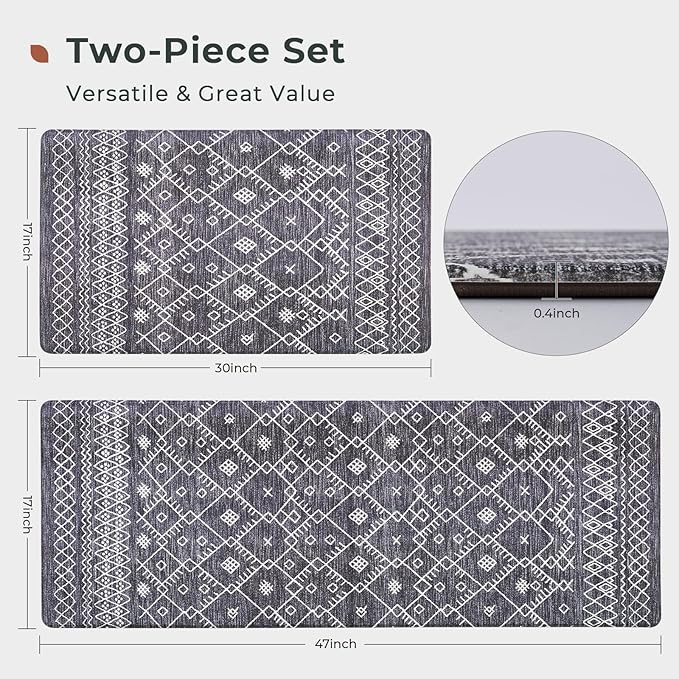 FRESHMINT Anti Fatigue Kitchen Mats for Floor 2 Piece Set, Waterproof & Non-Skid Moroccan Geo Kitchen Rugs, Cushioned Kitchen Mat for Standing Washable Comfort Desk Kitchen Runners, 17x30''+17x47''