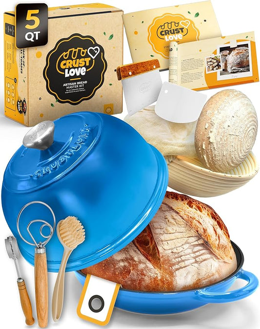 CRUSTLOVE Dutch Oven Bread Baking - 5QT Enamel Bread-Dome - incl Sourdough Bread-Baking Suppliers like Dough Whisk Scoring Lame etc Bread-Oven Cast Iron for Sour dough Bread-Pan with Lid, Bread-making