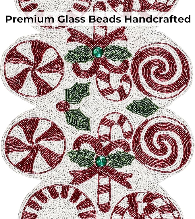 Luxury Beaded Runner 36 inch- Premium 13x36 Inch Candy Beaded & Polyester Christmas Beaded Runner - Decor for Home, Dining Tables, Weddings & Holiday Celebrations (White Red Green) - ALPHA Living HOME