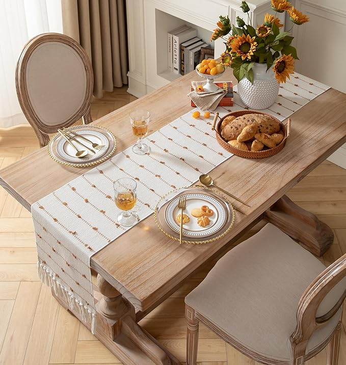 Caflife Boho Table Runner 90 Inchs Long for Modern Farmhouse Room Home Decor, Brown and Beige Coffee Table Runner, Natural Cotton Woven with Tassels Neutral, for Kitchen Dining Table Decor