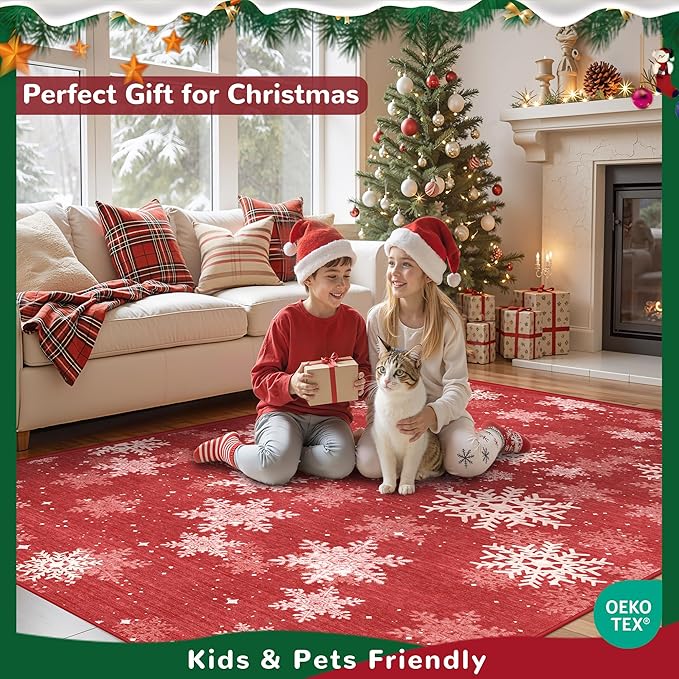3x8 Runner Rug Non Slip for Hallway, Washable Christmas Rugs for Living Room, Ultra-Thin Snowflake Bathroom Rug Runner, Soft Red and White Christmas Decor Indoor(3'x8', Red/White)