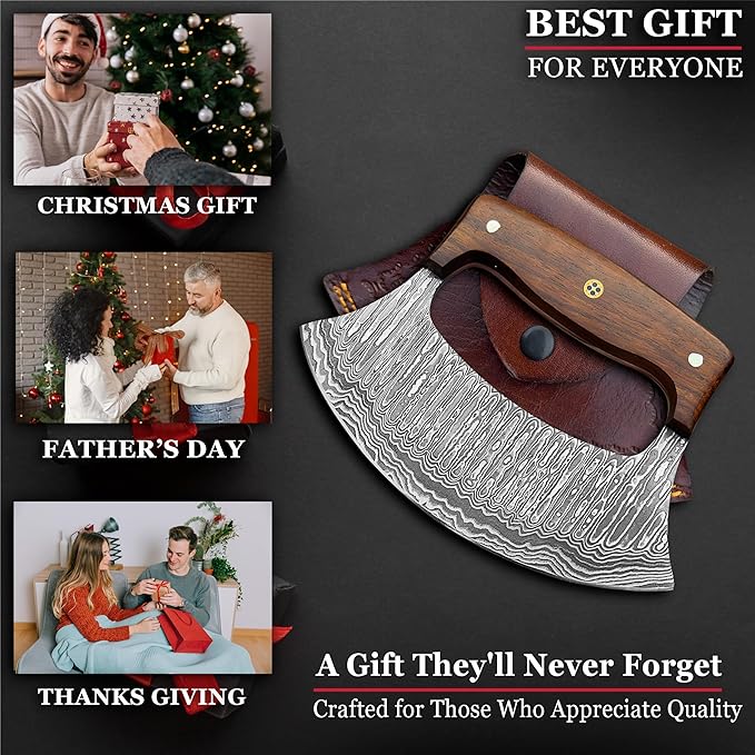 Handmade Ulu Knife – Full Tang Damascus steel Alaskan ulu with Sheath & Gift Box, Mezzaluna Rocker Knife & Pizza Cutter for Kitchen, Camping & BBQ, Birthday Gifts for Men