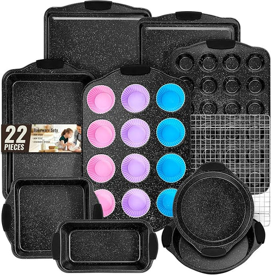 Baking Pans Set Nonstick, Stackable Bakeware Sets with Silicone Handles, AIVIKI 22 Pieces Oven Pan for Cooking Including Baking Cookie Sheet with Rack, Roast Pan, Cake Pan, Loaf Pan, Muffin Pan, Black