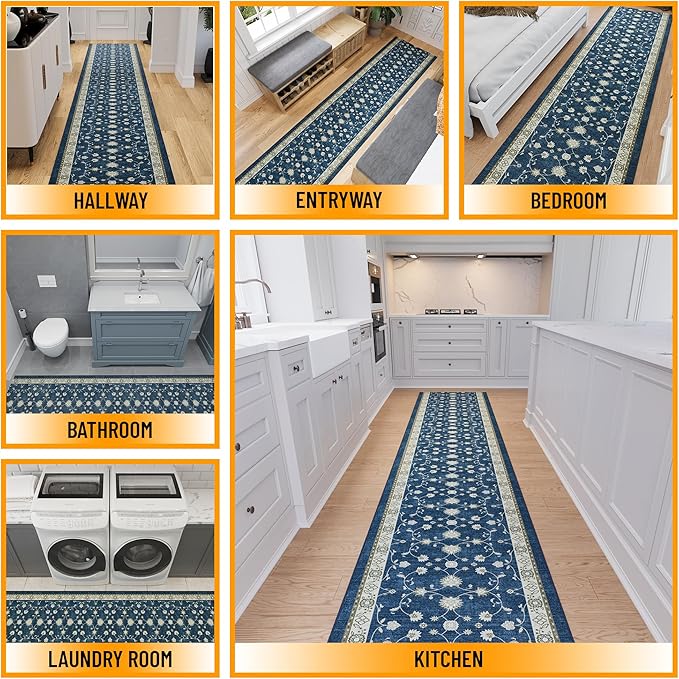 Ottomanson 3-Piece Kitchen Rug Set - Non Slip Runner & Washable Mat - 1'11" x 3' + 1'11" x 4' + 1'11"' x 5' - Durable, Stain Resistant for Entryway, Bedroom and Bathroom, Mahal Navy