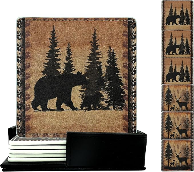 Marble Coasters Square Leather Drinks Coaster Set with Holder for Coffee Table Bar Home Decor 4 Inches Set of 6 (Forest Animals, One Size)