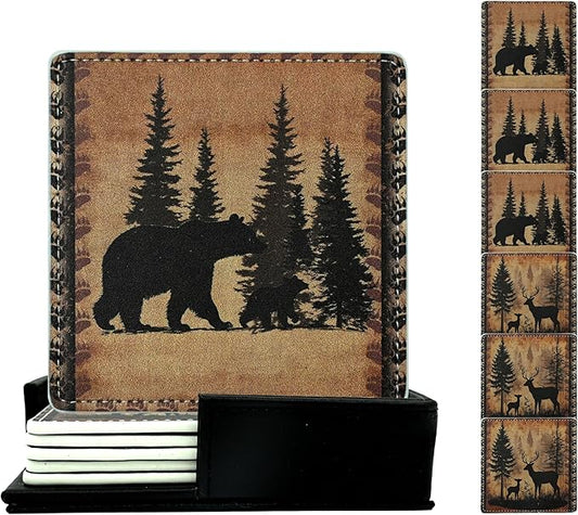 Marble Coasters Square Leather Drinks Coaster Set with Holder for Coffee Table Bar Home Decor 4 Inches Set of 6 (Forest Animals, One Size)