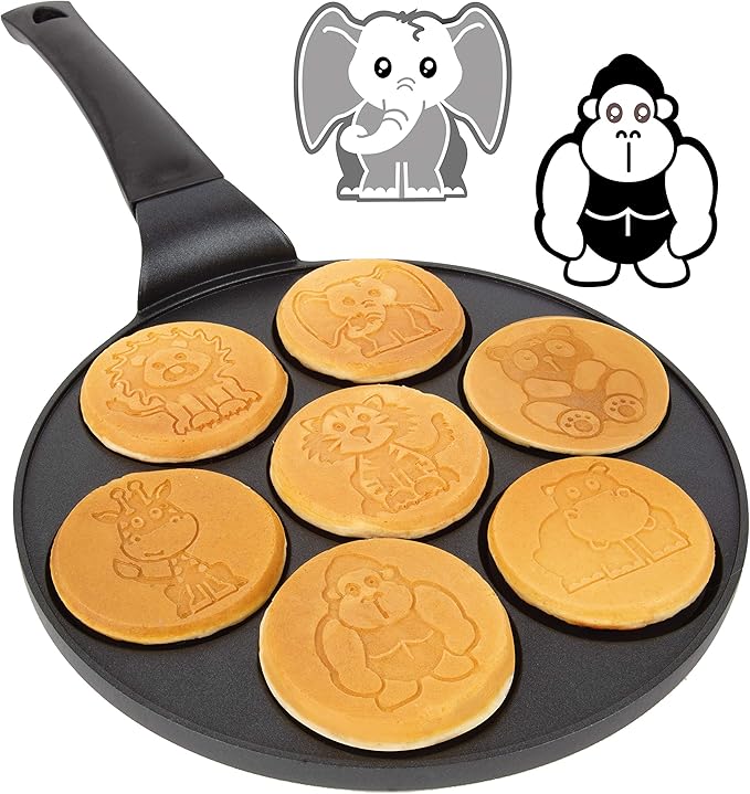 Animal Mini Pancake Pan- Make 7 Unique Flapjack Zoo Animals, Includes Elephant, Giraffe and More- Nonstick Pan Cake Maker Griddle for Morning Breakfast Fun & Easy Cleanup- Easter Basket Stuffer Gift