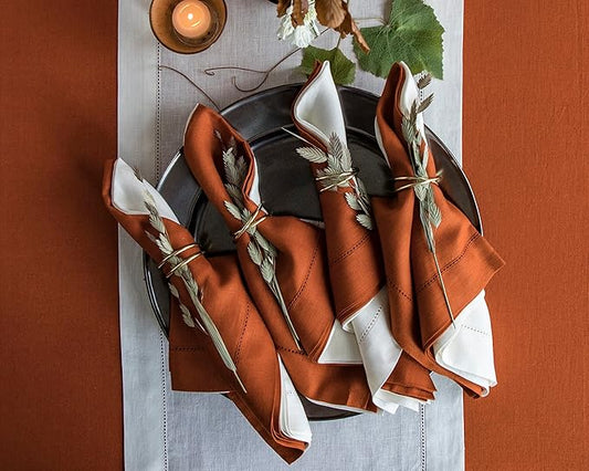 Solino Home Linen Napkins Set of 4 - Classic Hemstitch 100% Pure Linen Cinnamon Dinner Napkins Cloth 20 x 20 Inch for Winter - Handcrafted and Machine Washable
