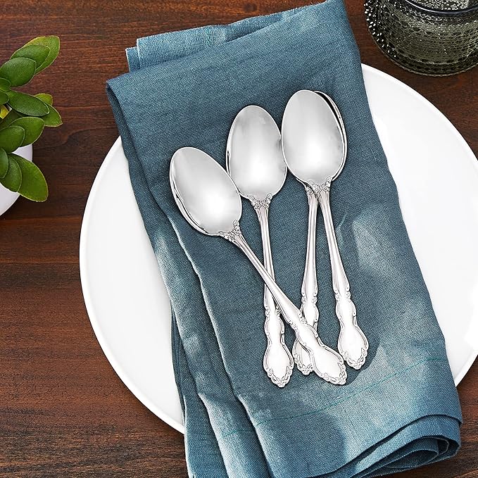 Oneida Silverware Set, Dover Fine Teaspoons Flatware Set, Service For 4, 18/10 Stainless Steel, Mirror Finish, Dishwasher Safe, Home And Kitchen Utensils Sets, Spoons, Tea spoon (Silver, 4 Piece)