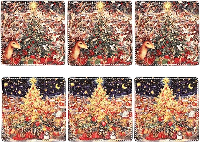 Christmas Coasters Square Leather Drinks Coaster Set with Holder for Coffee Table Bar Home Decor 4 Inches Set of 6