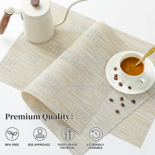 Leetaltree Wheat Placemats Set of 6 - Heat Resistant Non-Slip Place mats for Dining Table, Washable Durable PVC Vinyl Woven Table Mats（Wheat, 6）