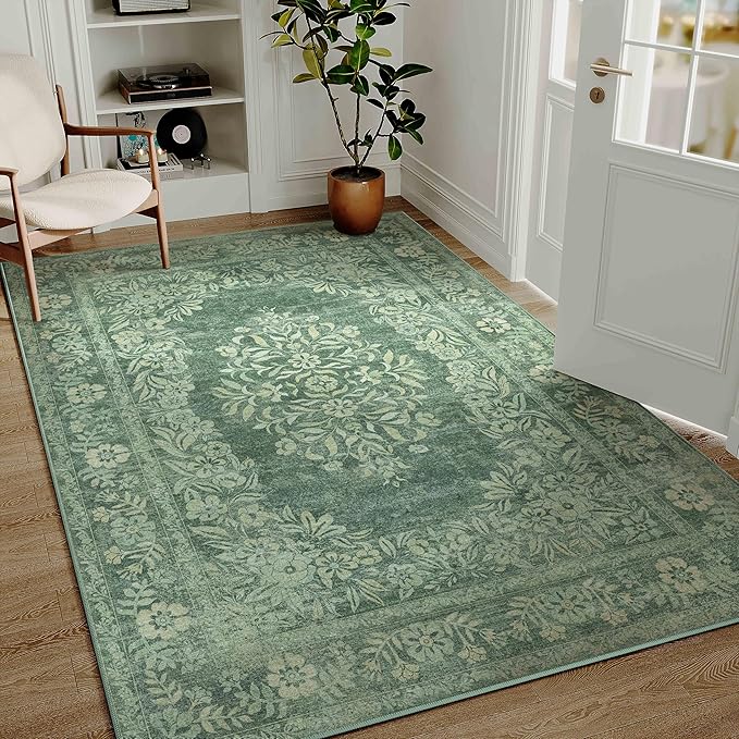 4x6 Area Rug Green Washable Office Vintage Distressed Carpet Bedroom Indoor Medallion Floral Living Room Non Slip Retro Throw Floor Mat for Dining Room Kitchen Bathroom