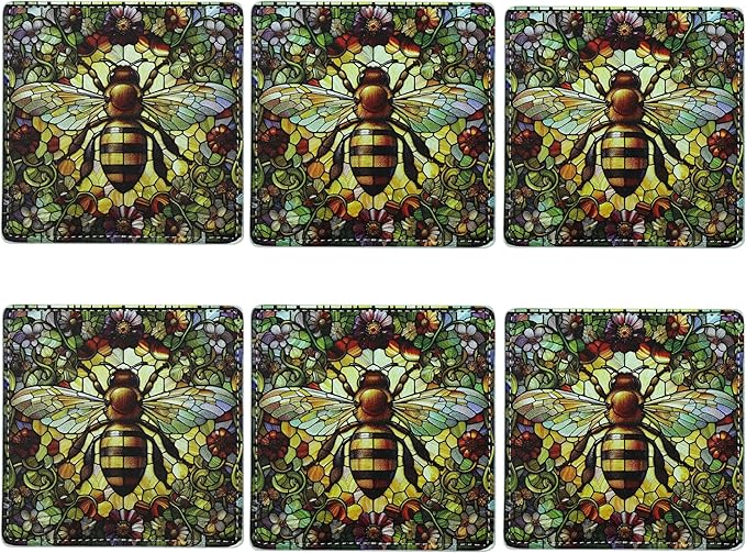 Marble Coasters Square Leather Drinks Coaster Set with Holder for Coffee Table Bar Home Decor 4 Inches Set of 6 (Bee, One Size)
