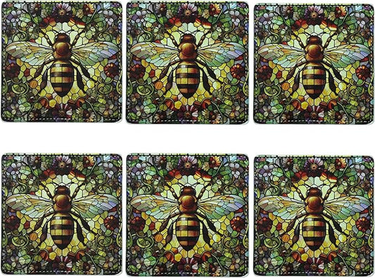 Marble Coasters Square Leather Drinks Coaster Set with Holder for Coffee Table Bar Home Decor 4 Inches Set of 6 (Bee, One Size)