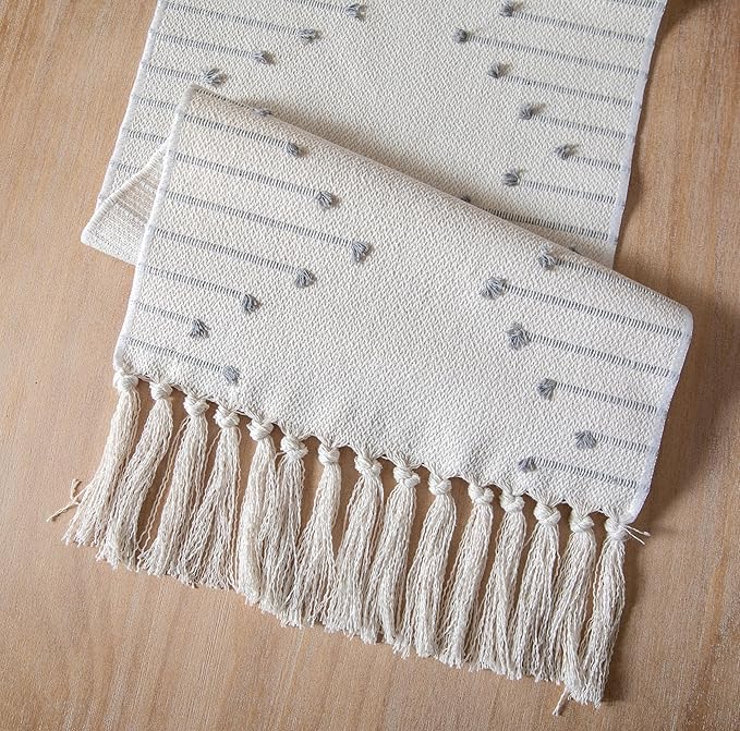 Boho Table Runner 13 x 48 Inch Long Natural Cotton Woven Runner with Tassels for Home Dining Table décor, for Modern Farmhouse Decor Coffee Table Runner, Grey and Beige
