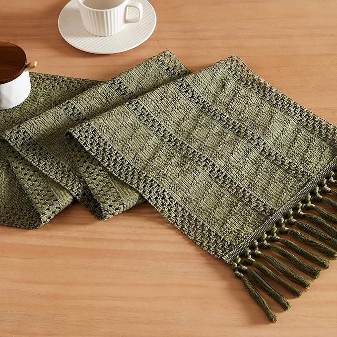 ZeeMart Macrame Style Boho Table Runner, Moss Green Table Runners 36 Inches Long, Farmhouse Woven Home Decor, 12x36 Inch, Moss