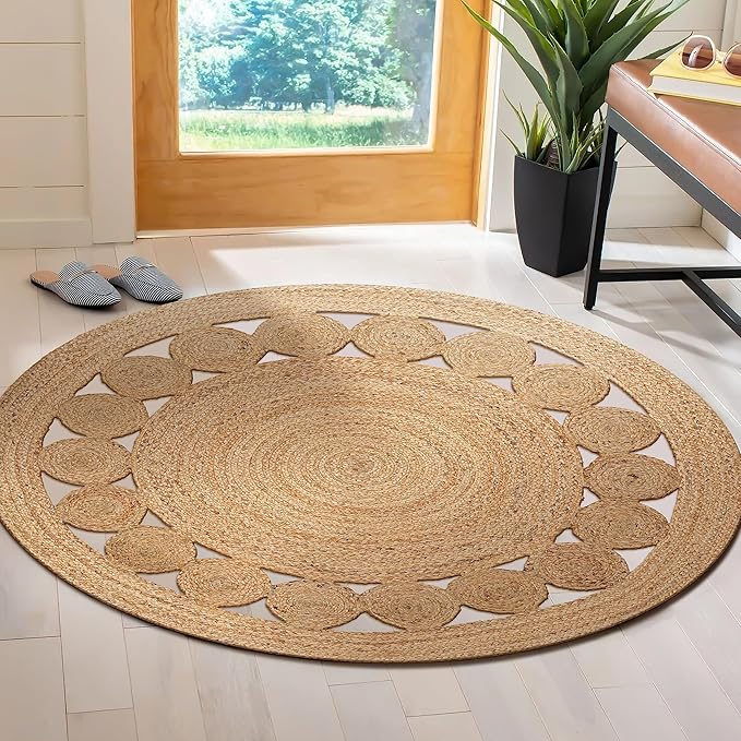 Savi Home Jute Area Rug Handwoven- 8 feet Round- Natural Beige - Rustic Vintage Beige Braided Reversible Rug- Eco Friendly Rugs for Farmhouse, Bedroom, Kitchen, Living Room