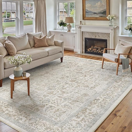 Taupe Area Rug 5x8 Machine Washable Vintage Living Room Distressed Non Slip Carpet Traditional Indoor Bedroom Retro Floral Accent Throw Large Rug for Office Kitchen Bathroom Dining Room