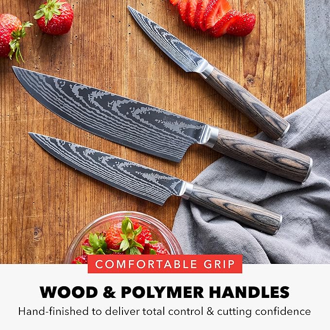 GreenPan x Bobby Flay 3 Piece Knife Set, Pairing Utility & Chef’s Knife, Premium Stainless Steel Blades, Precision Cutting Kitchen Tools, Hand Finished Ergonomic Wood Handle, Damascus Steel Design
