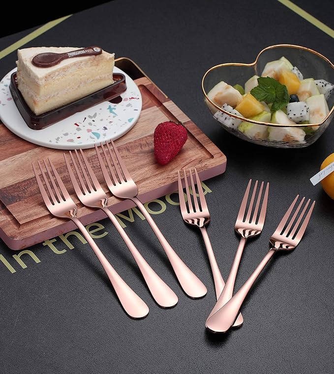 Kyraton Rose Gold Dinner Fork 6 Pieces, Stainless Steel 8.17 Inch Forks Rose Gold Titanium Plating Silverware, Copper Forks Set of 6