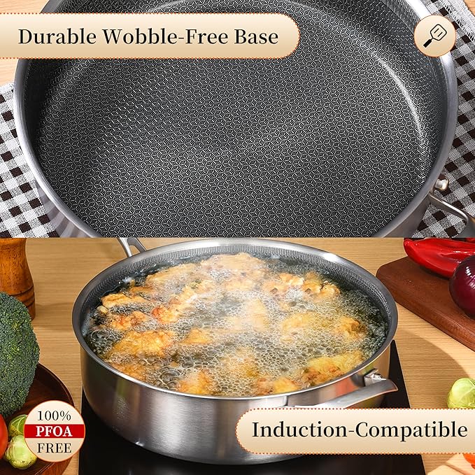LOLYKITCH 6 Quarts Hybrid Non Stick Tri-Ply Stainless Steel Sauté Pan with Lid,12 Inch Deep Frying Pan,Large Skillet,Induction Cooking Pan, Oven Safe and Detachable Handle.