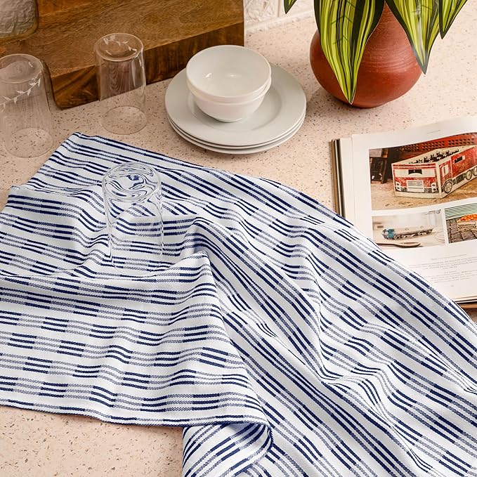 Kitchen Towel Set of 6-100% Cotton Quick-Drying & Absorbent Dish Cloths - 18x28 Inch Farmhouse Tea Towels with Blue Stripes, Twill Weave