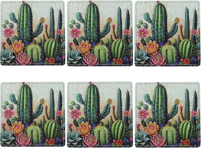 Marble Coasters Square Leather Drinks Coaster Set with Holder for Coffee Table Bar Home Decor 4 Inches Set of 6 (Cactus, One Size)