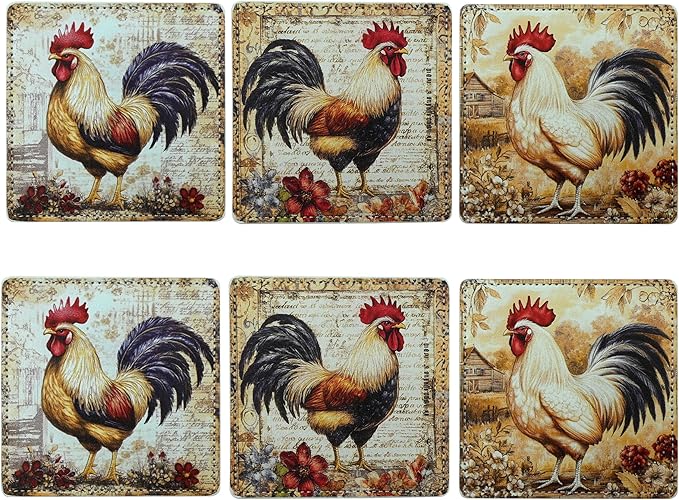 Rooster Coasters Square Leather Drinks Coaster Set with Holder for Coffee Table Bar Home Decor 4 Inches Set of 6