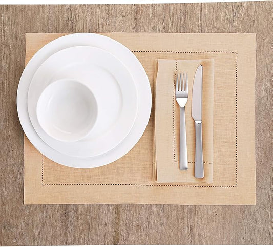 Solino Home Linen Napkins Set of 4 - Classic Hemstitch 100% Pure Linen Beige Dinner Napkins Cloth 20 x 20 Inch for Spring, Easter - Handcrafted and Machine Washable