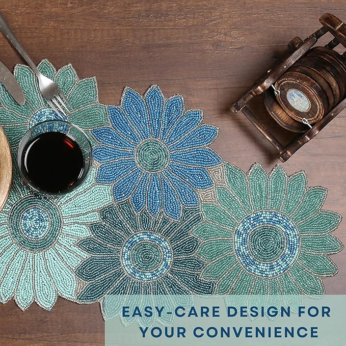 ALPHA Living HOME Bedaed Table Runner- 13x36 Glitz Décor for Farmhouse, Bridal, and Holiday Celebrations Luxury Dining Table Accent, Rustic Chic, Artisan-Made, Modern Floral (Blue)