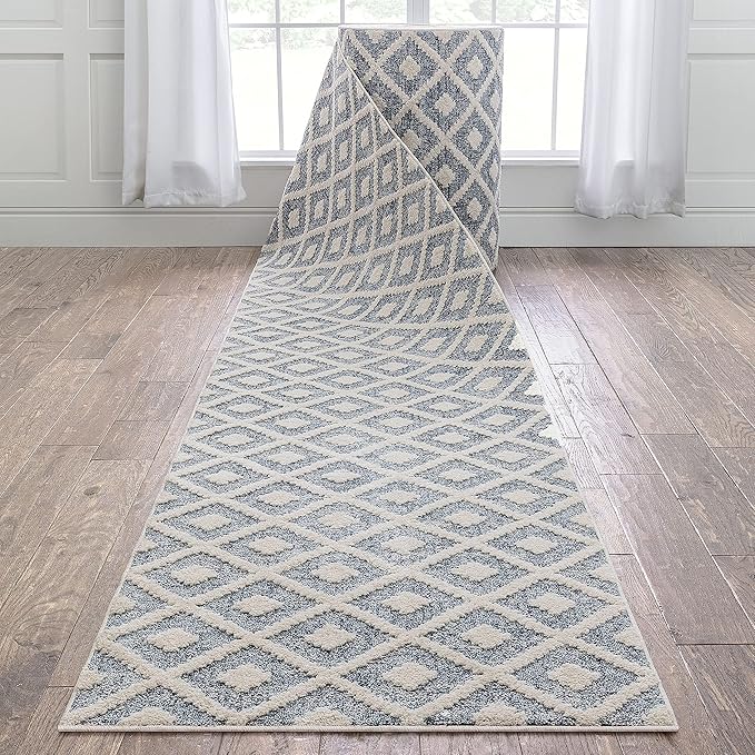 Well Woven Custom Size Hallway Stair Runner - Choose Your Length - Ainsley Blue Diamond Trellis Geometric Tribal - 31 Inches Wide x 13 Feet Long Runner (31" x 13' Runner) Rug