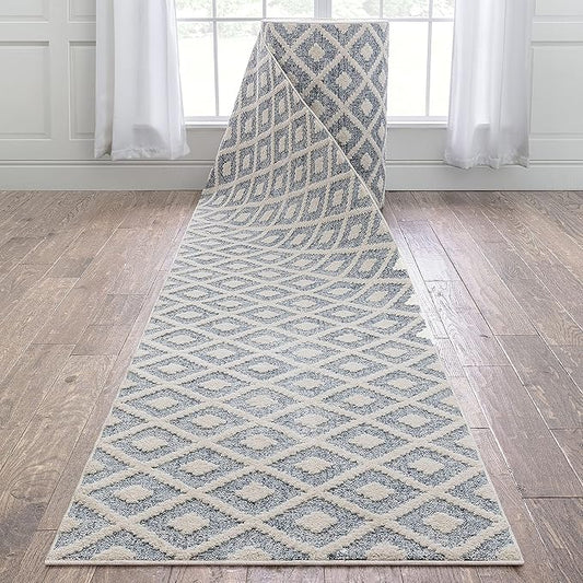 Well Woven Custom Size Hallway Stair Runner - Choose Your Length - Ainsley Blue Diamond Trellis Geometric Tribal - 31 Inches Wide x 45 Feet Long Runner (31" x 45' Runner) Rug