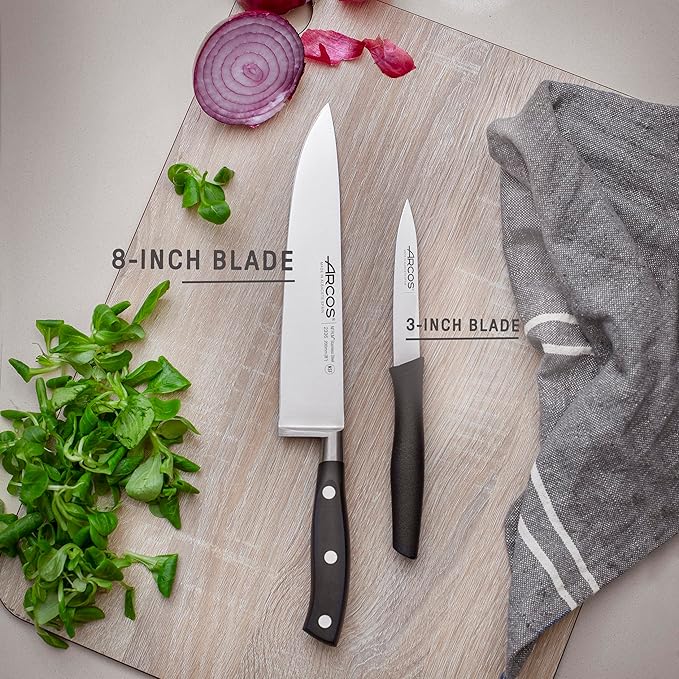 Arcos 2-Piece Precision Knife Set - Ultra-Sharp 8-Inch Chef's Knife & 3-Inch Paring Knife, Spanish Engineered with Over 290 Years of Expertise, Ergonomic Black POM Handle, 10-Year Warranty