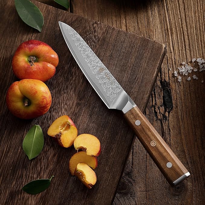 Wakoli Oribu Damascus All-Purpose Knife – Full Tang Kitchen Knife | 4.5-Inch Blade Made of 67-Layer Genuine Damascus Steel | Ergonomic Olive Wood Handle | Sharp & Durable
