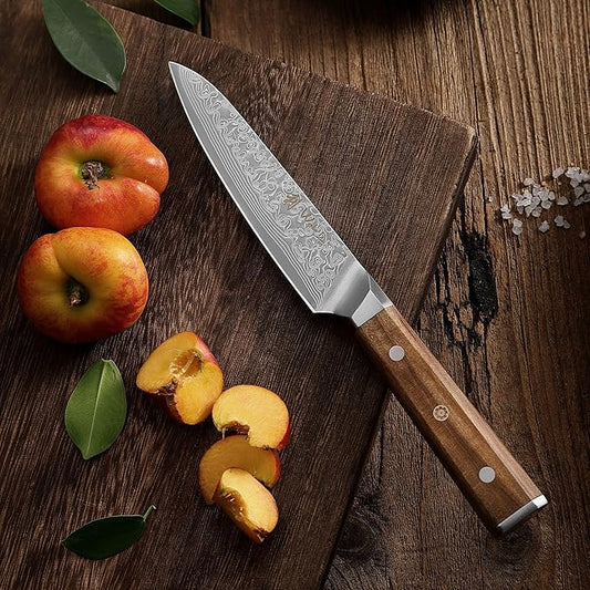 Wakoli Oribu Damascus All-Purpose Knife – Full Tang Kitchen Knife | 4.5-Inch Blade Made of 67-Layer Genuine Damascus Steel | Ergonomic Olive Wood Handle | Sharp & Durable