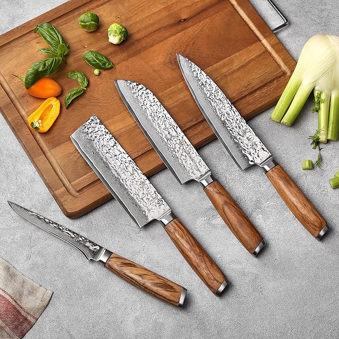 Wakoli Damascus Knife Block Set – 4-Piece Professional Kitchen Knives with Magnetic Block – Kitchen Knife Set made of 67-Layer Damascus Steel Blades & Ergonomic Zebrawood Handles