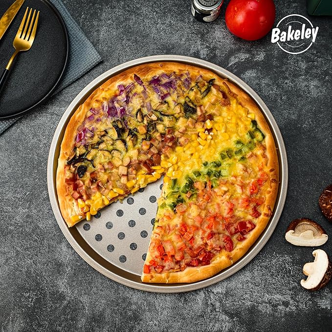 Bakeley 12-inch Air Crisp Perforated Pizza Pan with Hole, Heavy Duty Carbon Steel, Non-Stick Pancake Bakeware for Oven Baking (Champagne Gold)