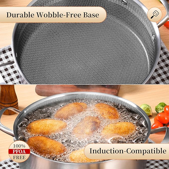 LOLYKITCH 7 QT Tri-Ply Stainless Steel Non Stick Sauté Pan with Lid,12 Inch Deep Frying Pan,Large Skillet,Jumbo Cooker,Induction Compatible,Heavy Duty and Oven Safe.