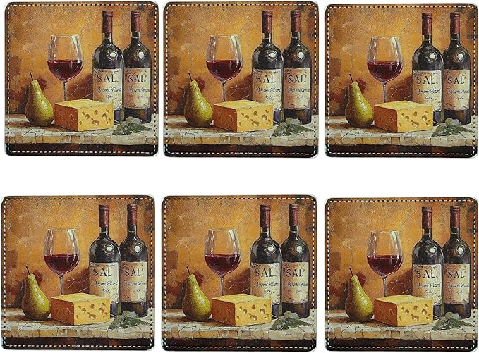 Marble Coasters Square Leather Drinks Coaster Set with Holder for Coffee Table Bar Home Decor 4 Inches Set of 6 (Vintage Wine, One Size)