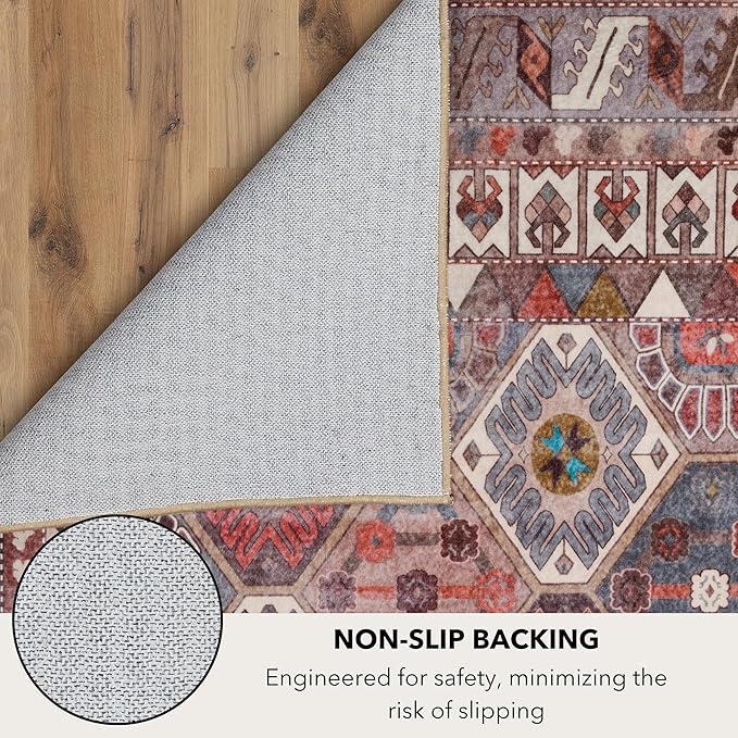 Kuden 4x6 Area Rug, Machine Washable Area Rug with Non-Slip Backing, Vintage Style, Soft, Easy Clean, Low Pile Rug for Living Room, Bedroom, Dining Room
