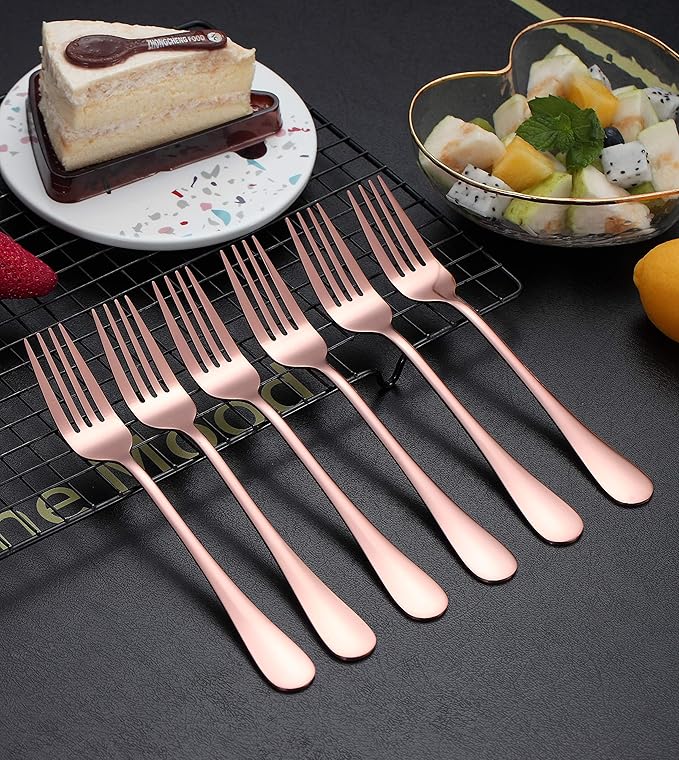 Kyraton Rose Gold Dinner Fork 6 Pieces, Stainless Steel 8.17 Inch Forks Rose Gold Titanium Plating Silverware, Copper Forks Set of 6