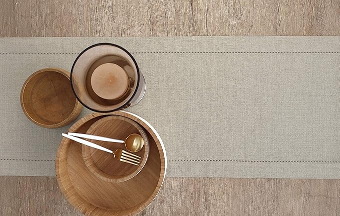 Solino Home Linen Natural Table Runner 144 Inches Long - 100% Pure Linen Extra Long Table Runner 14 x 144 Inch for Spring, Easter - Classic Hemstitch
