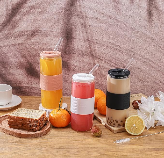 20oz Can Shaped Glass Cups with Silicone Lids and Glass Straws, 2PCS Drinking Glasses with Lids and Straws, and Silicone Sleeves, Beer Glasses, Iced Coffee Cups, Soda, Gift - Black
