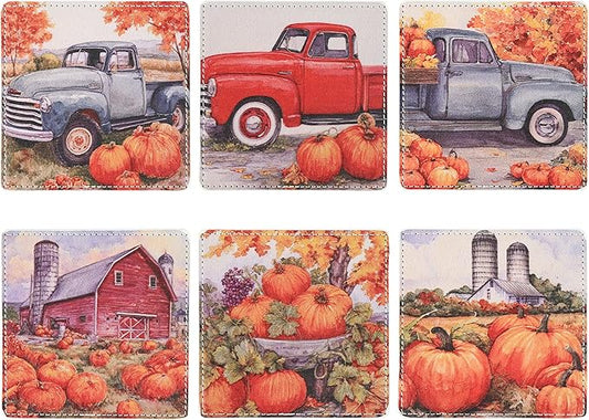 Thanksgiving Day Coasters Square Leather Drinks Coaster Set with Holder for Coffee Table Bar Home Decor 4 Inches Set of 6