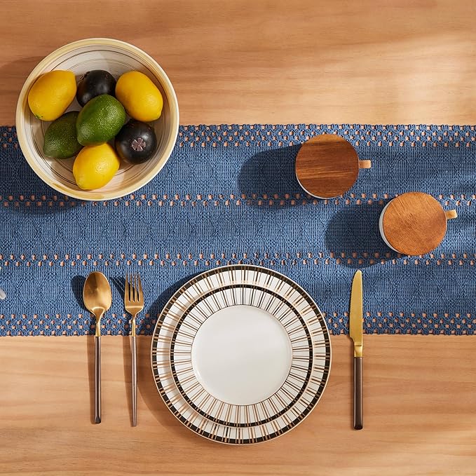 ZeeMart Macrame Style Boho Table Runner, Blue Table Runners 72 Inches Long, Farmhouse Woven Home Decor, 12x72 Inch, Dusty Blue