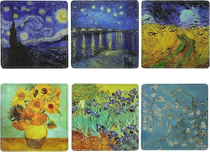 Artistic Coasters Square Leather Drinks Coaster Set with Holder for Coffee Table Bar Home Decor 4 Inches Set of 6
