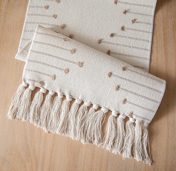 Boho Table Runner 13 x 60 Inch Long Natural Cotton Woven Runner with Tassels for Home Dining Table décor, for Modern Farmhouse Decor Coffee Table Runner, Taupe and Beige